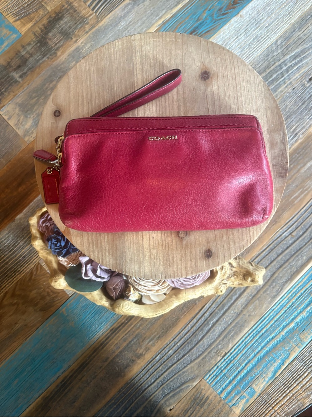 Coach Red Leather Double Zip Wristlet Wallet Clutch Gold Tone